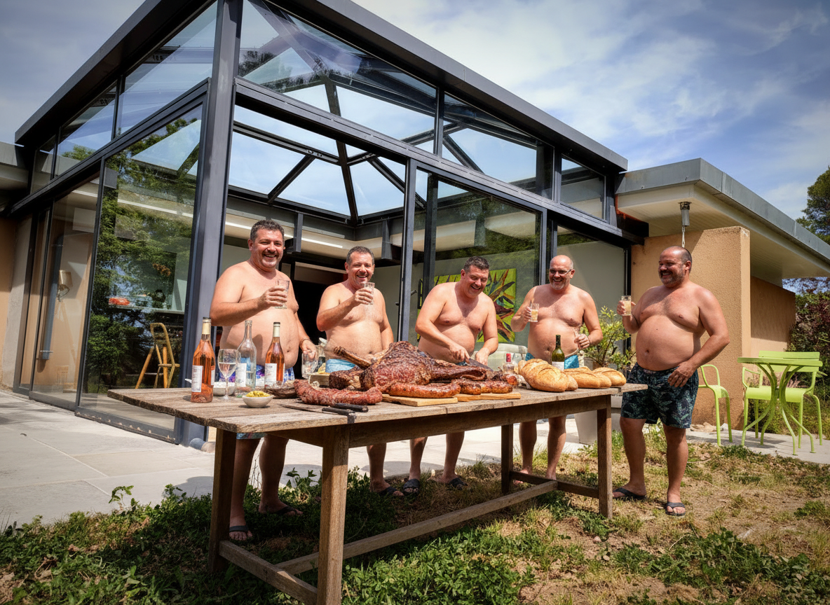 Les Grolars en train de découper le bœuf sur la terrasse